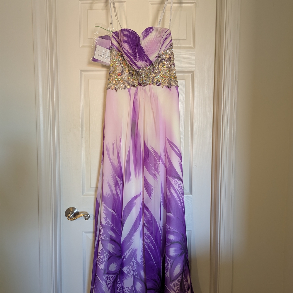 Purple and White Strapless Gown